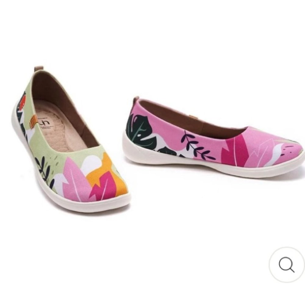 Uin Summer Jungle Pink & Green Botanical Print Canvas Ballet Shoes Flats Sz 10